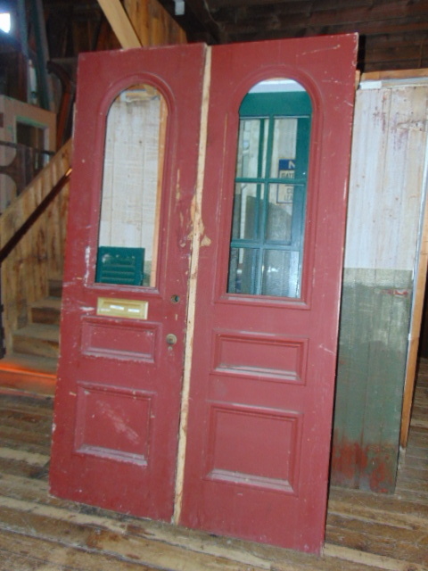 Antique Salvaged Double Front Door Tombstone Glass